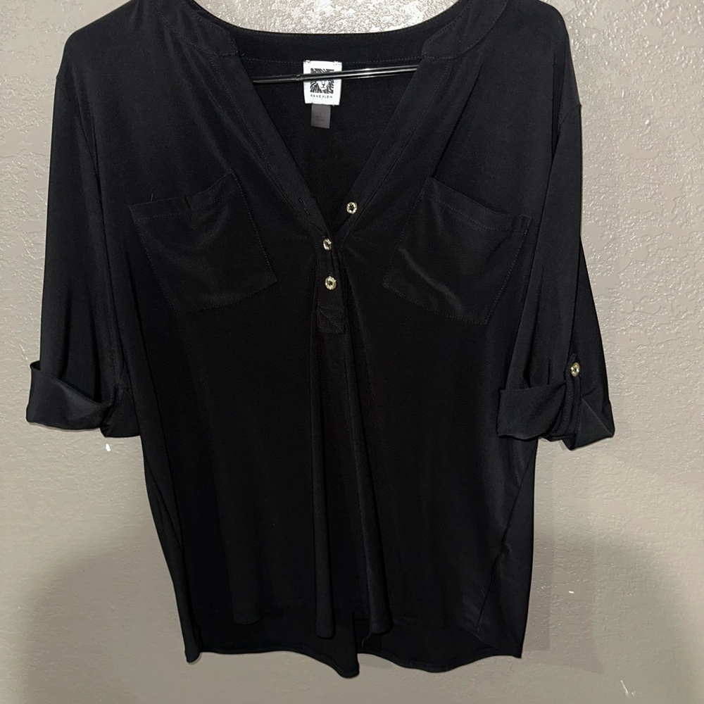 Anne Klein Black 3-4 Roll-Up Sleeve Blouse